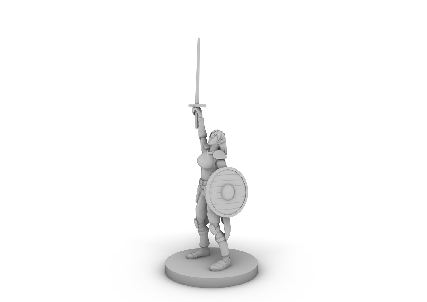 Female Elf Paladin With Sword and Round Shield Tabletop DND Gaming Miniature