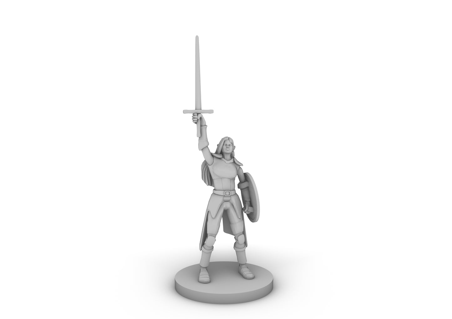 Female Elf Paladin With Sword and Round Shield Tabletop DND Gaming Miniature