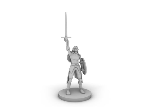 Female Elf Paladin With Sword and Round Shield Tabletop DND Gaming Miniature