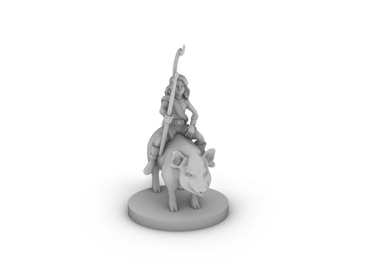 Halfling Female Druid Riding A Pig Tabletop DND Gaming Miniature